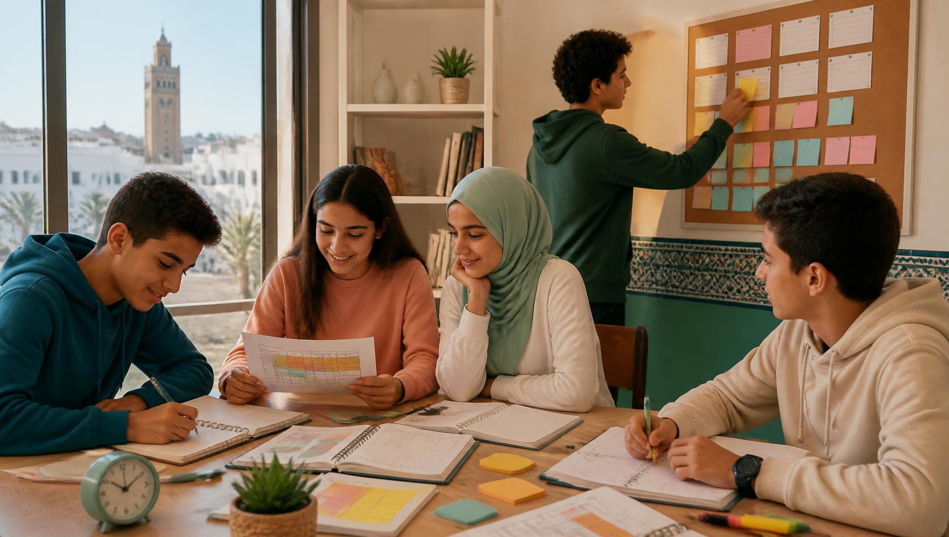 Adolescents marocains organisant leur emploi du temps et planifiant leurs objectifs